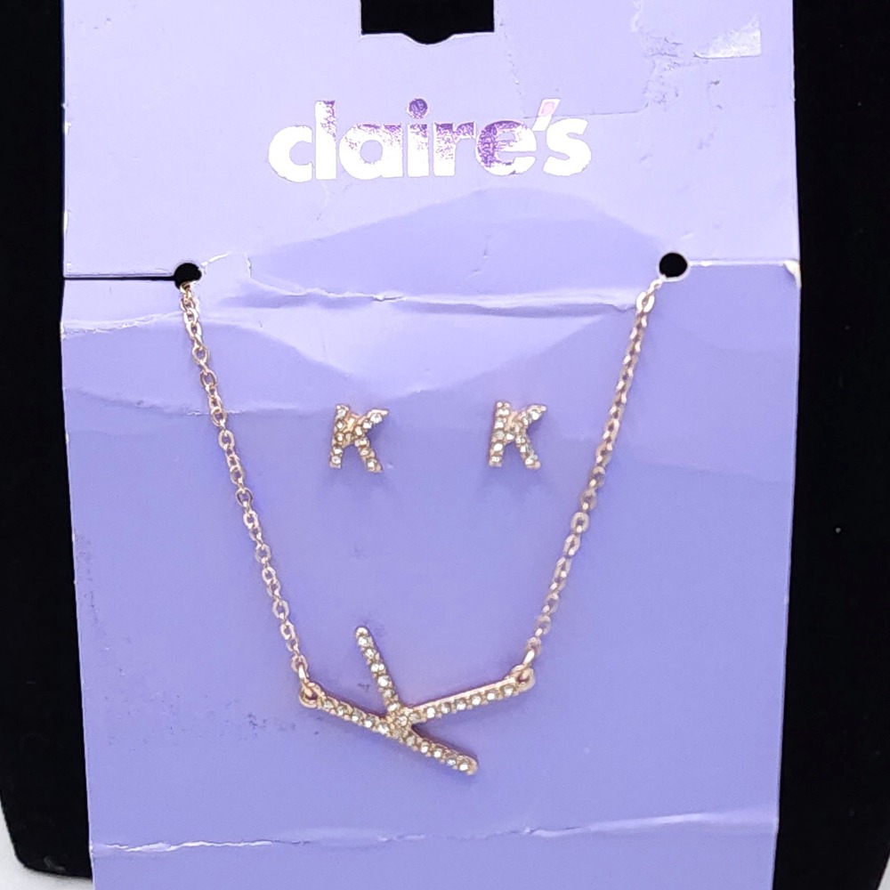 Claires Initial K Necklace Earrings Gold Rhinestone Set